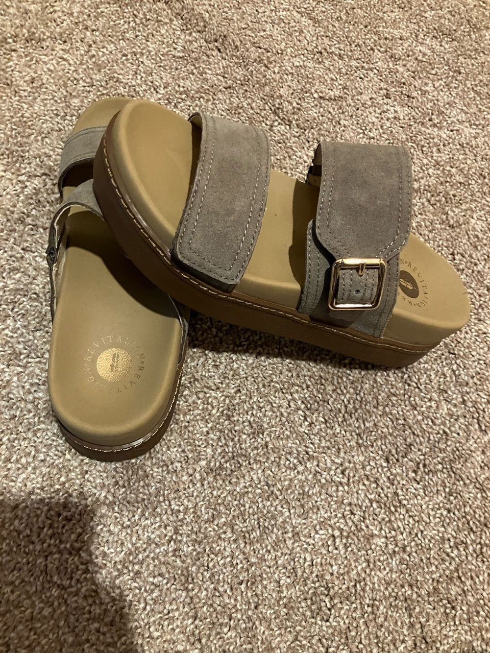 REVITALIGN Taupe Suede Double-Strap Platform Sandals with Buckle